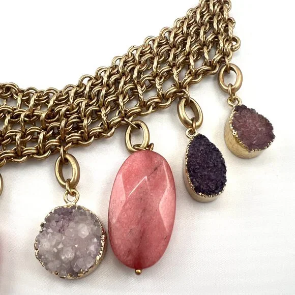 Amazing Chico's bib style necklace, gold tone, Drusy Quartz, Agate dangles - Picture 3 of 9